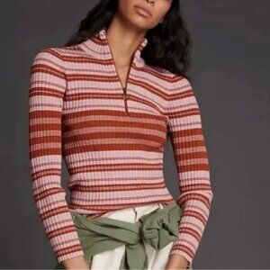 Anthropologie Maeve Ribbed Striped 1/4 Zip Sweater M $118
